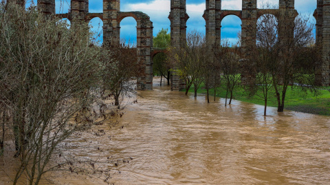 Imagen del río Albarregas a su paso por Mérida bajo el acueducto romano de Los Milagros -13/12/2022