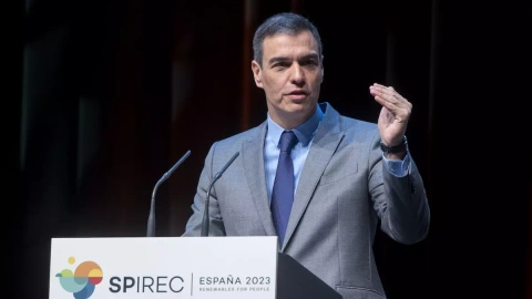 Pedro Sánchez interviene durante la inauguración de la Conferencia Internacional de Energías Renovables SPIREC 2023, en IFEMA de Madrid, a 20 de febrero de 2023, en Madrid.