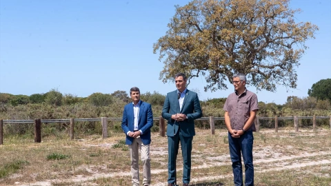 El presidente del Gobierno de España, Pedro Sánchez (c) acompañado del delegado del Gobierno en Andalucía, Pedro Fernández (i) y el director de la Estación Biológica de Doñana, Eloy Revilla (d).