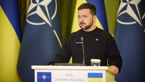 El presidente de Ucrania, Volodímir Zelenski, durante una intervención con la ONU en Kiev, a 20 de abril de 2023.