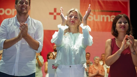 La candidata de Sumar a la Presidencia del Gobierno, Yolanda Díaz, un mitin de campaña electoral el viernes 7 de julio, en Zaragoza.