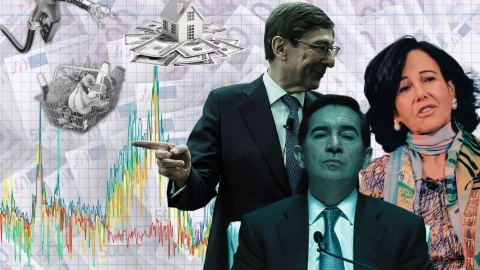 El presidente de CaixaBank, José Ignacio Goirigolzarri (i), el presidente de BBVA, Carlos Torres Vila (c) y la presidenta del Santander, Ana Patricia Botín (d), en una edición de Público.