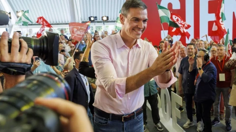 Pedro Sánchez, durante un mitin de partido en la localidad sevillana de La Rinconada, Sevilla, a 30/09/2023.