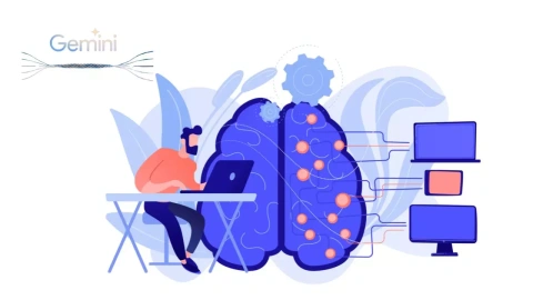 Imagen montada con una ilustración de IA y el logo de 'Google Gemini'