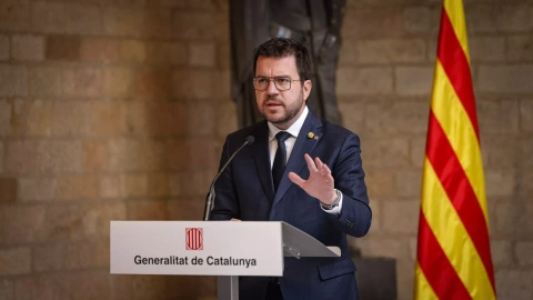 El president de la Generalitat, Pere Aragonès, en rueda de prensa después de la reunión con el presidente del Gobierno, Pedro Sánchez.