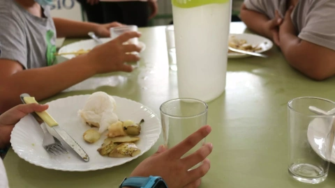 Pla detall del plat a taula de tres nens al menjador de l'escola Sant Esteve de Castellar del Vallès, en una imatge d'arxiu