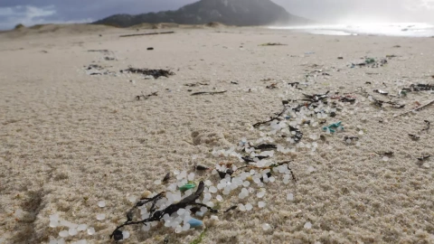Miles de bolitas de pellets para la fabricación de plásticos, procedentes de un contenedor que cayó al mar desde un barco, esta mañana en la playa de Area Maior.