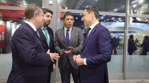Los presidentes autonómicos Carlos Mazón, Emiliano García-Page, Juan Manuel Moreno Bonilla y Fernando López Miras en Madrid, a 24 de enero de 2024.