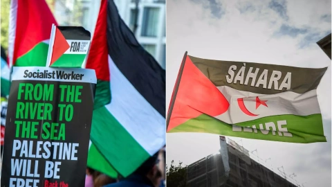 A la izquierda, banderas de Palestina en una manifestación en Londres, y a la derecha, una bandera del Sáhara, en una manifestación en Madrid.