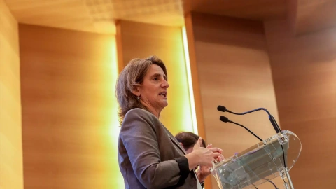 Teresa Ribera durante una rueda de prensa en el Ministerio de Transición Ecológica y Reto Demográfico, a 11 de abril de 2024.