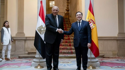 El ministro de Asuntos Exteriores de la República Árabe de Egipto, Sameh Shoukry (i) y el ministro de Asuntos Exteriores, Unión Europea y Cooperación, José Manuel Albares (d), a su llegada a un encuentro oficial, en el Palacio de Viana, a 3