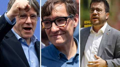 Los candidatos de Junts, PSC y ERC en Catalunya, Carles Puigdemont, Salvador Illa y Pere Aragonès, durante actos de campaña.