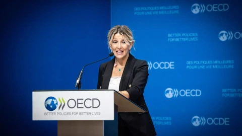 Yolanda Díaz, durante una comparecencia en la sede de la OCDE, a 5 de junio de 2024.
