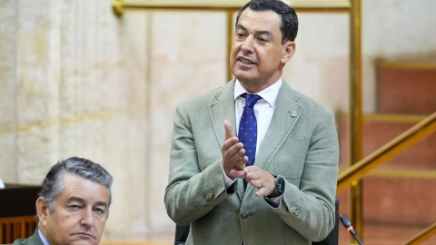 El presidente de la Junta de Andalucía, Juanma Moreno, interviene en la segunda jornada del Pleno del Parlamento andaluz, a 25 de julio de 2024, en Sevilla