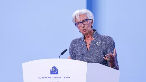 La presidenta del BCE, Christine Lagarde, en una rueda de prensa en la sede del organismo, en Fráncfort.