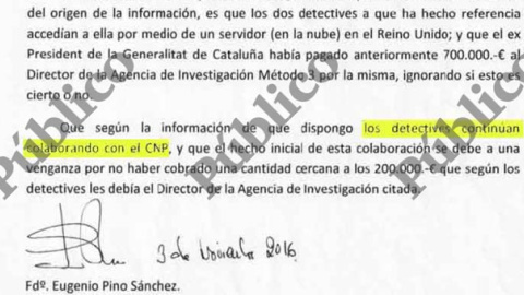 Último párrafo del escrito enviado por Eugenio Pino al juez De la Mata, para justificar la aparición de un 'pendrive' fantasma en el caso Pujol.