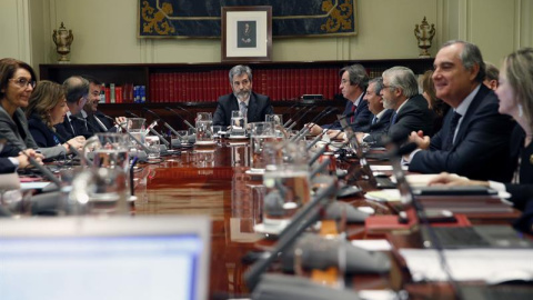 Vista general de la reunión extraordinaria del pleno del Consejo General del Poder Judicial para pronunciarse sobre la idoneidad del magistrado del Tribunal Supremo José Manuel Maza Martín para el cargo de fiscal general del Estado. EFE/Zip