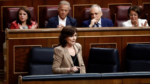 La vicepresidenta del Gobierno, Carmen Calvo, durante el pleno celebrado hoy en el Congreso de los Diputados. EFE/Mariscal