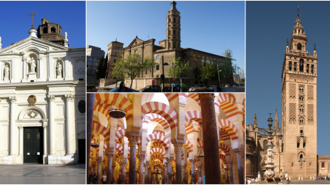 Imágenes de la Seo de Zaragoza, de la iglesia de San Juan de los Panetes, de la Mezquita de Córdoba, y de la Giralda de Sevilla.