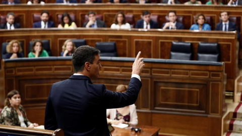 El presidente del Gobierno, Pedro Sánchez, durante la primera sesión de control al Gobierno en el Congreso del nuevo curso político. EFE//Mariscal