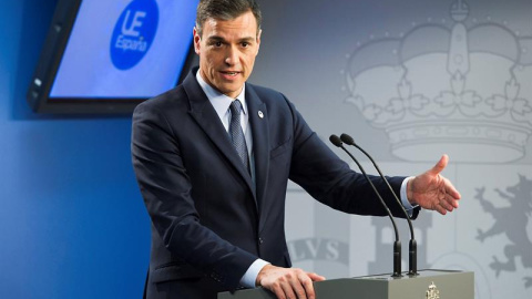 El presidente del Gobierno español, Pedro Sánchez, durante la rueda de prensa ofrecida hoy en Bélgica./EFE