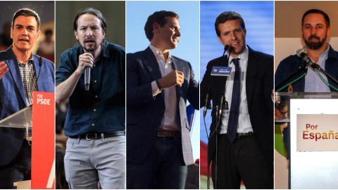 Los candidatos de PSOE, Pedro Sánchez; Unidas Podemos, Pablo Iglesias; Ciudadanos, Albert Rivera; PP, Pablo Casado; y Vox, Santiago Abascal. EFE