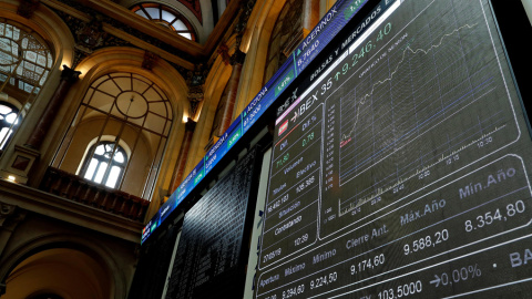 El panel informativo de la Bolsa de Madrid que muestra la evolución del principal indicador del mercado, el IBEX 35. EFE/Chema Moya