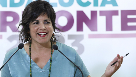 La coordinadora de Podemos Andalucía y presidenta del grupo parlamentario Adelante Andalucía, Teresa Rodríguez, durante la rueda de prensa que ha ofrecido en Sevilla, la primera tras su baja por maternidad. EFE/ José Manuel Vidal