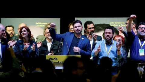 El candidat d'ERC al Congrés Gabriel Rufián celebra la victòria del seu partit a Catalunya després de les eleccions generals del 28-A. EFE/Alberto Estévez