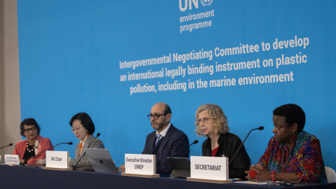 Rueda de prensa de apertura del Comité Intergubernamental de Negociación de la ONU (INC-5) en Busan, Corea del Sur, el pasado 25 de noviembre. Rueda de prensa de apertura del Comité Intergubernamental de Negociación de la ONU (INC-5) en Busan, Corea del Sur, el pasado 25 de noviembre.