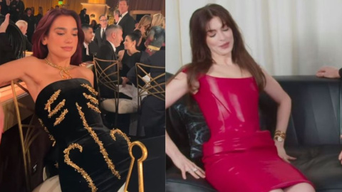 Imagen destacada La cantante Dua Lipa y la actriz Anne Hathaway con vestidos con los que apenas pueden sentarse. Fotos: Instagram.