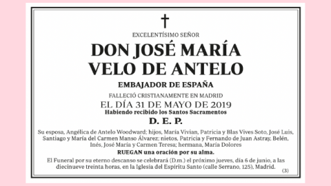24/12/2024 Esquela tras el fallecimiento de José María Velo de Antelo Esquela tras el fallecimiento de José María Velo de Antelo.