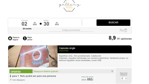 Un mes en el Gallery Hostel, hostal de cápsulas en el barrio madrileño de Carabanchel, saldría a unos 900 euros. Búsqueda realizada por 'Público'