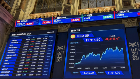 Paneles informativos con los datos de la marcha del mercado bursátil, en el patio de negociación de la Bolsa de Madrid.