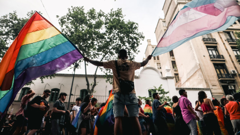 f153267cc5729c68cd01050323ddf5dc83616641w Fotografía de archivo de una persona sosteniendo banderas durante la marcha del Orgullo LGTBI+, en Buenos Aires (Argentina).