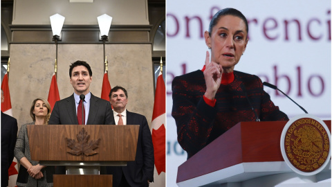 pareja (5) El primer ministro canadiense, Justin Trudeau (izq), y la presidenta mexicana, Claudia Sheinbaum, en ruedas de prensa.