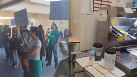 Imágenes de la protesta en el Hospital 12 de Octubre y de la sala de tallado en el servicio de anatomía patológica, a 6 de febrero de 2025. Imágenes de la protesta en el Hospital 12 de Octubre y de la sala de tallado en el servicio de anatomía patológica, a 6 de febrero de 2025.