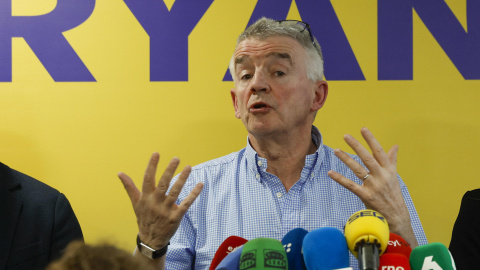 El presidente de Ryanair, Michael O'Leary durante una rueda de prensa este martes en Madrid. El presidente de Ryanair, Michael O'Leary durante una rueda de prensa este martes en Madrid.