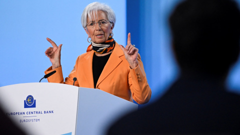 La presidenta del BCEG, Christine Lagarde, en la rueda de prensa posterior a la reunión del Consejo de Gobierno de la entidad en la que se ha decidido una nueva rebaja de los tipos de interés.