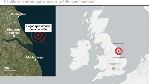 Mapa con lugar del suceso en Reino Unido Mapa con lugar de la colisión entre el petrolero Stena Immaculate y el carguero Solong, a 10 de marzo de 2025.