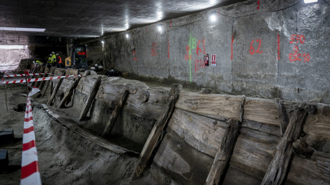 Hallazgo arqueológico del Real Canal del Manzanares durante las obras de la nueva estación de metro de Madrid Río, en Madrid, a 13 de marzo de 2025. Hallazgo arqueológico del Real Canal del Manzanares durante las obras de la nueva estación de metro de Madrid Río, en Madrid, a 13 de marzo de 2025.