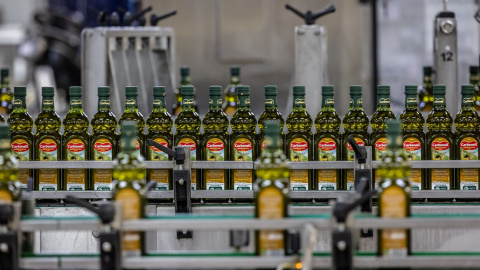 Linea de envasado de aceite en la planta de Deóleo en Córdoba.
