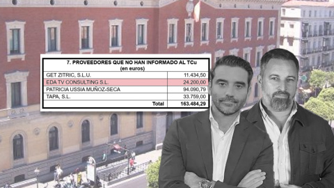 28/0372025 Javier Negre, presidente de 'EDA TV', y Santiago Abascal, líder de Vox, ante una imagen de la sede del Tribunal de Cuentas. Javier Negre, presidente de 'EDA TV', y Santiago Abascal, líder de Vox, ante una imagen de la sede del Tribunal de Cuentas.