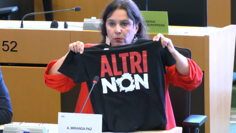 La eurodiputada del BNG, Ana Miranda, con una camiseta contra Altri en un pleno de la Eurocámara. La eurodiputada del BNG, Ana Miranda, con una camiseta contra Altri en un pleno de la Eurocámara.