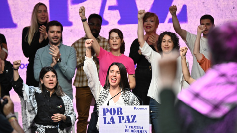 a7cd8e5cf09b9a42e03a0b3b88c661ae4efe4fb4 La eurodiputada de Podemos Irene Montero, durante su intervención este domingo en el acto "Por la paz y contra el régimen de guerra" organizado por la formación morada en Madrid.