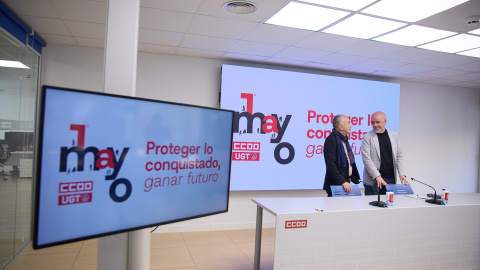 Los secretarios generales de UGT y CCOO, Pepe Álvarez (i) y Unai Sordo (d), en una rueda de prensa por la celebración del Primero de Mayo, Día del Trabajador, en la sede de CCOO, a 21 de abril de 2025, en Madrid (España). Los secretarios generales de UGT y CCOO, Pepe Álvarez (i) y Unai Sordo (d), en una rueda de prensa por la celebración del Primero de Mayo, Día del Trabajador, en la sede de CCOO, a 21 de abril de 2025, en Madrid (España).