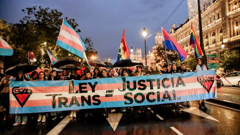Manifestantes durante una marcha convocada por ‘Federación Plataforma Trans’ ante las enmiendas del PSOE, a 12 de noviembre de 2022, en Madrid (España). ‘Federación Plataforma Trans’ ha convocado una marcha con la que se pretende mostrar el enfado del col Manifestantes durante una marcha convocada por ‘Federación Plataforma Trans’ ante las enmiendas del PSOE, a 12 de noviembre de 2022, en Madrid (España). ‘Federación Plataforma Trans’ ha convocado una marcha con la que se pretende mostrar el enfado del colectivo ante las enmiendas que ha presentado al texto el PSOE en el Congreso. Se trata de la segunda convocatoria que el colectivo realiza en un mes. leer más El registro de enmiendas al texto y, especialmente, las propuestas de modificación que ha presentado el PSOE, es lo que ha hecho que la Federación Plataforma Trans quiera salir de nuevo a la calle.Fecha: 12/11/2022.Foto de archivoFirma: Carlos Luján / Europa Press