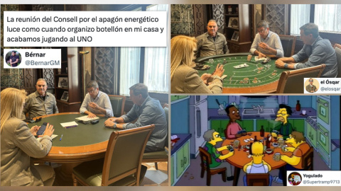Memes y tuits con la foto de la reunión de Mazón. Memes y tuits con la foto de la reunión de Carlos Mazón durante el apagón.
