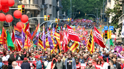Manifestació de CCOO i UGT el Primer de Maig de 2024 a la Via Laietana de Barcelona Manifestació de CCOO i UGT el Primer de Maig de 2024 a la Via Laietana de Barcelona