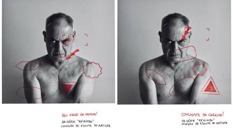 Dadoorian presenta una serie de autorretratos en blanco y negro sobre los que pesan sellos de colores con los insultos más vulgares dirigidos a los hombres gays y a las travestis. Dadoorian presenta una serie de autorretratos en blanco y negro sobre los que pesan sellos de colores con los insultos más vulgares dirigidos a los hombres gays y a las travestis.